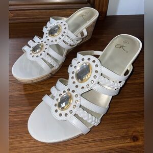 Size 9 It’s OK White Wedge Sandals – Sparkling Jewel Accents + Cork Heel